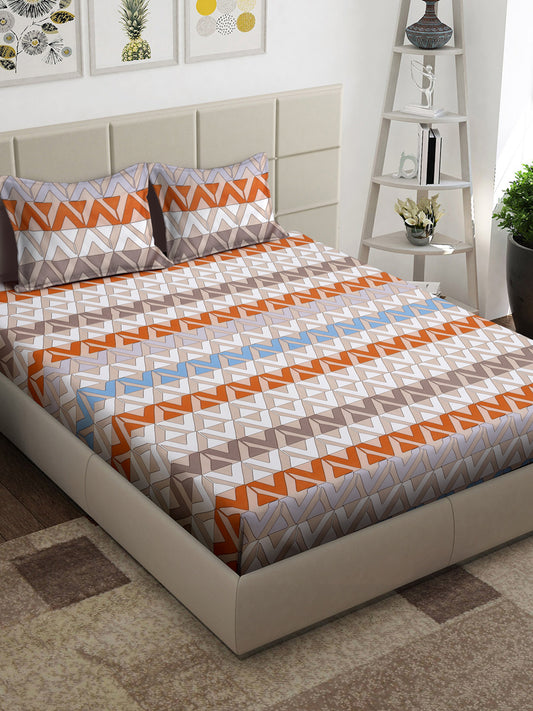 Arrabi Brown Geometric TC Cotton Blend King Size Bedsheet with 2 Pillow Covers (250 x 215 cm)