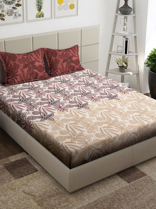 Arrabi Cream Floral TC Cotton Blend Super King Size Bedsheet with 2 Pillow Covers (270 x 260 cm)