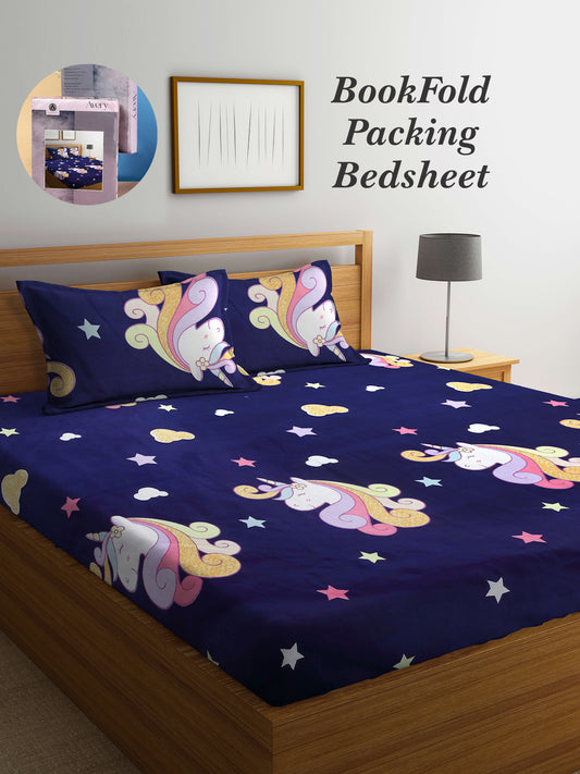 Arrabi Blue Cartoon TC Cotton Blend King Size Bookfold Bedsheet with 2 Pillow Covers (250 X 215 cm)