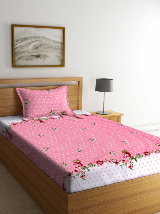 Arrabi Pink Floral TC Cotton Blend Single Size Bedsheet with 1 Pillow Cover (215 x 150 cm)