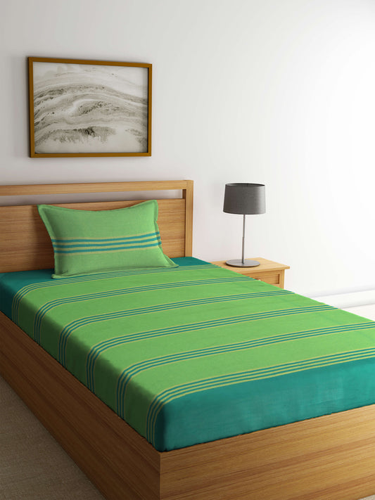 Arrabi Green Striped Handwoven Cotton Single Size Bedsheet with 1 Pillow Cover (215 x 150 cm)