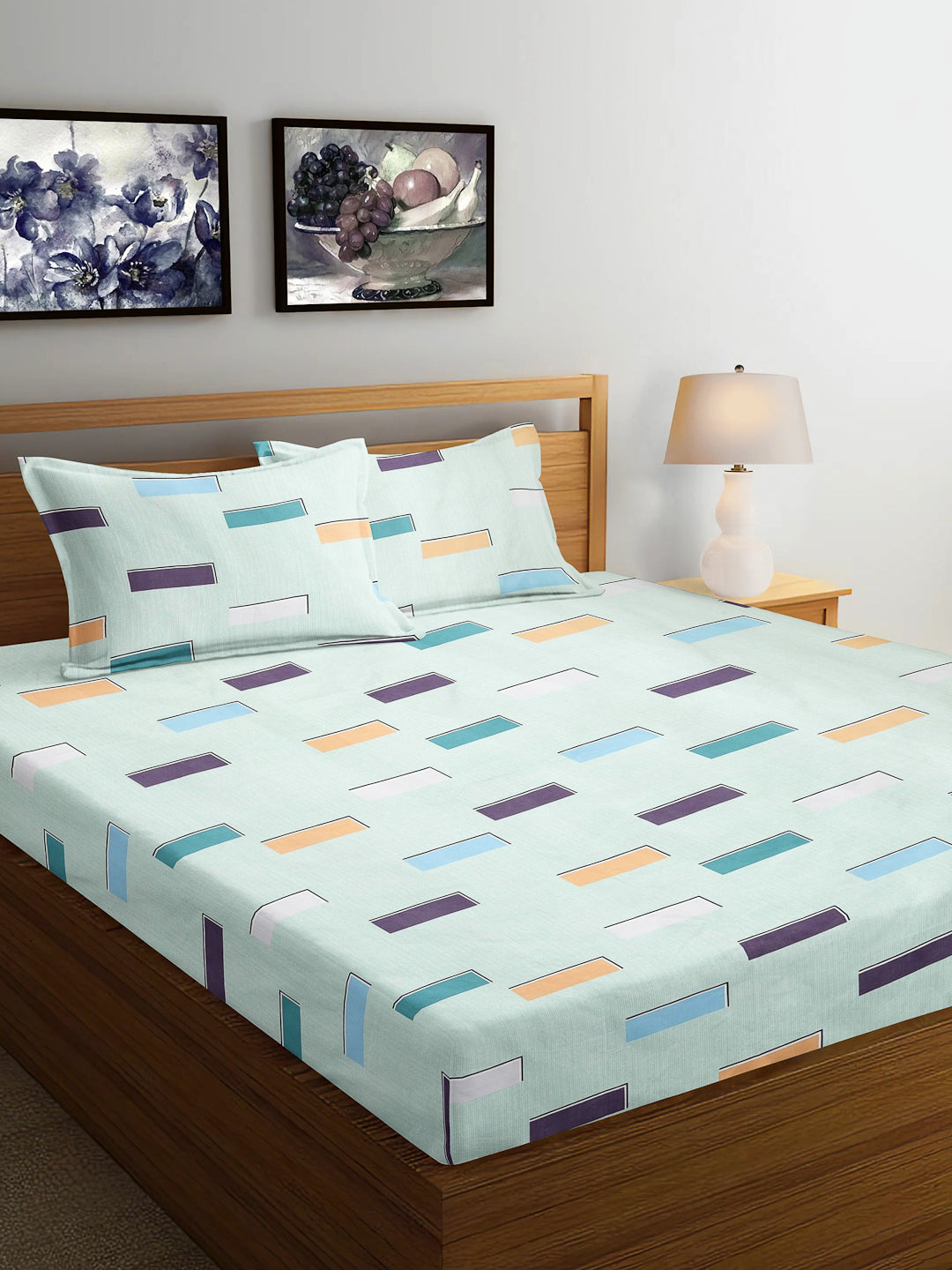 Arrabi Green Geometric TC Cotton Blend King Size Bedsheet with 2 Pillow Covers (250 x 215 cm)