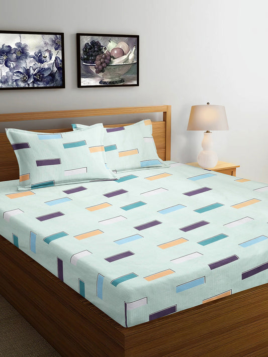 Arrabi Green Geometric TC Cotton Blend King Size Bedsheet with 2 Pillow Covers (250 x 215 cm)