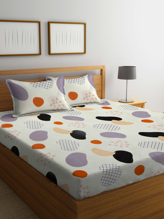 Arrabi Cream Graphic TC Cotton Blend King Size Bedsheet with 2 Pillow Covers (250 X 215 cm)