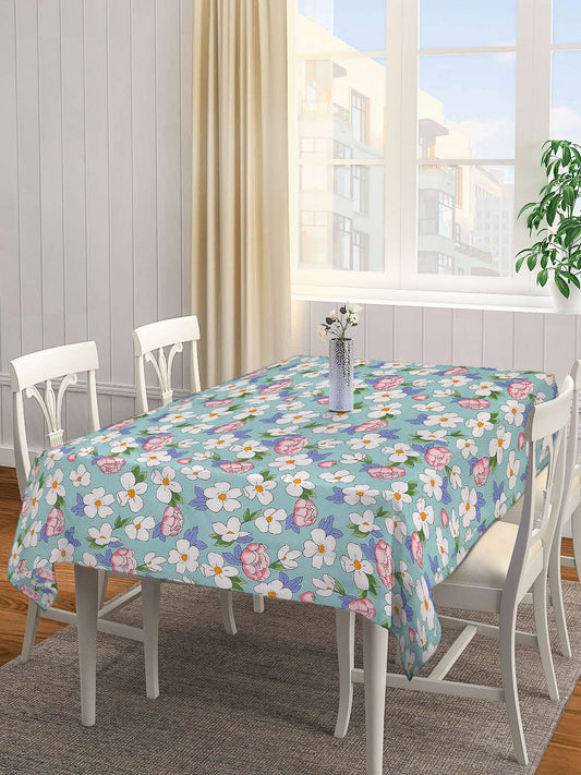 Arrabi Blue Floral Cotton Blend 8 SEATER Table Cover (215 X 150 cm)