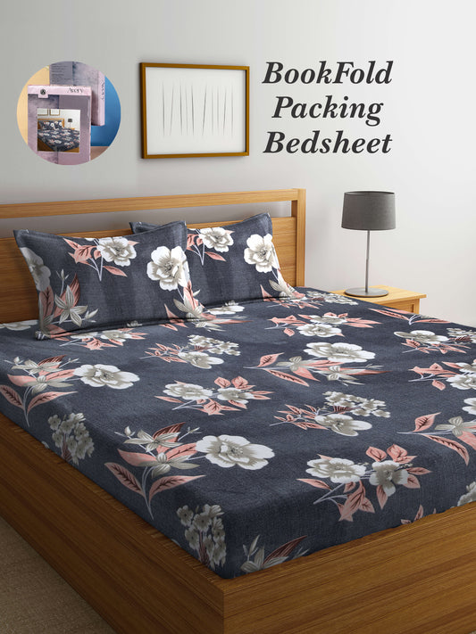 Arrabi Grey Floral TC Cotton Blend King Size Bookfold Bedsheet with 2 Pillow Covers (250 X 215 cm)