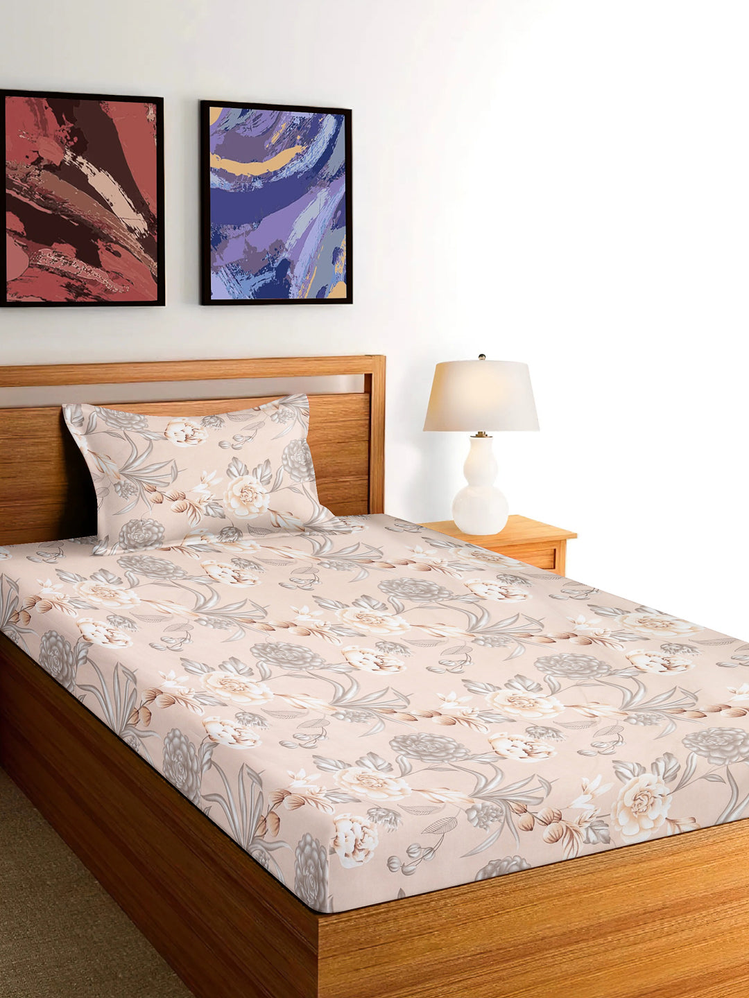 Arrabi Beige Floral TC Cotton Blend Single Size Bedsheet with 1 Pillow Cover (215 x 150 cm)
