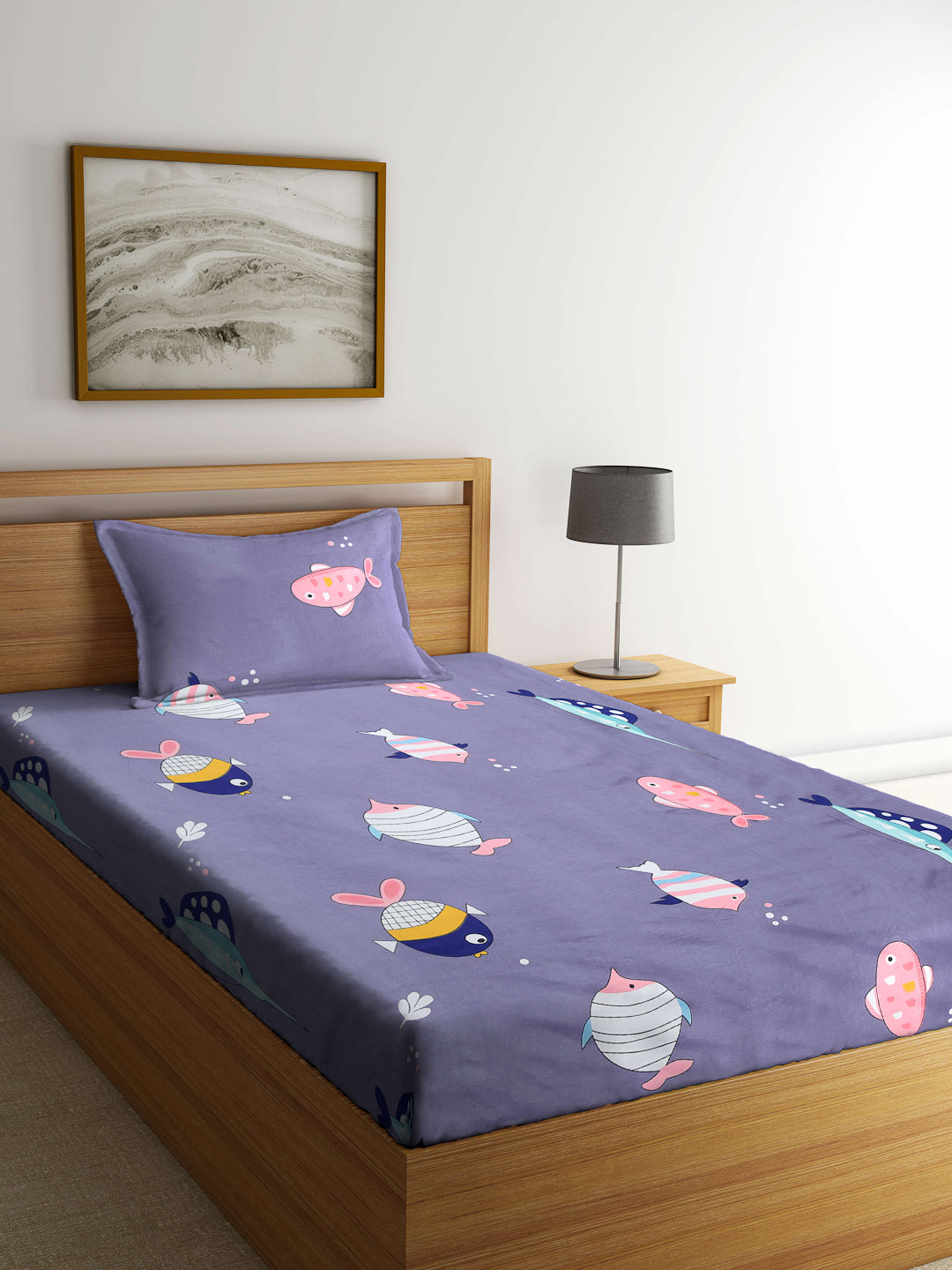 Arrabi Grey Cartoon TC Cotton Blend Single Size Bedsheet with 1 Pillow Cover (215 x 150 cm)