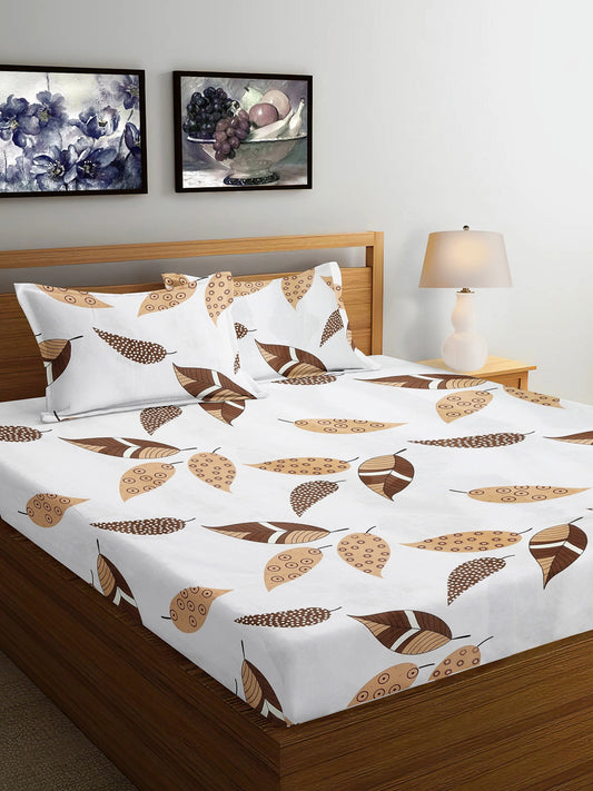 Arrabi Cream Leaf TC Cotton Blend King Size Bedsheet with 2 Pillow Covers (250 x 215 cm)