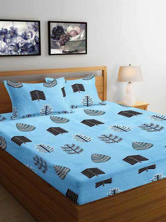 Arrabi Blue Leaf TC Cotton Blend Super King Size Bedsheet with 2 Pillow Covers (270 x 260 cm)
