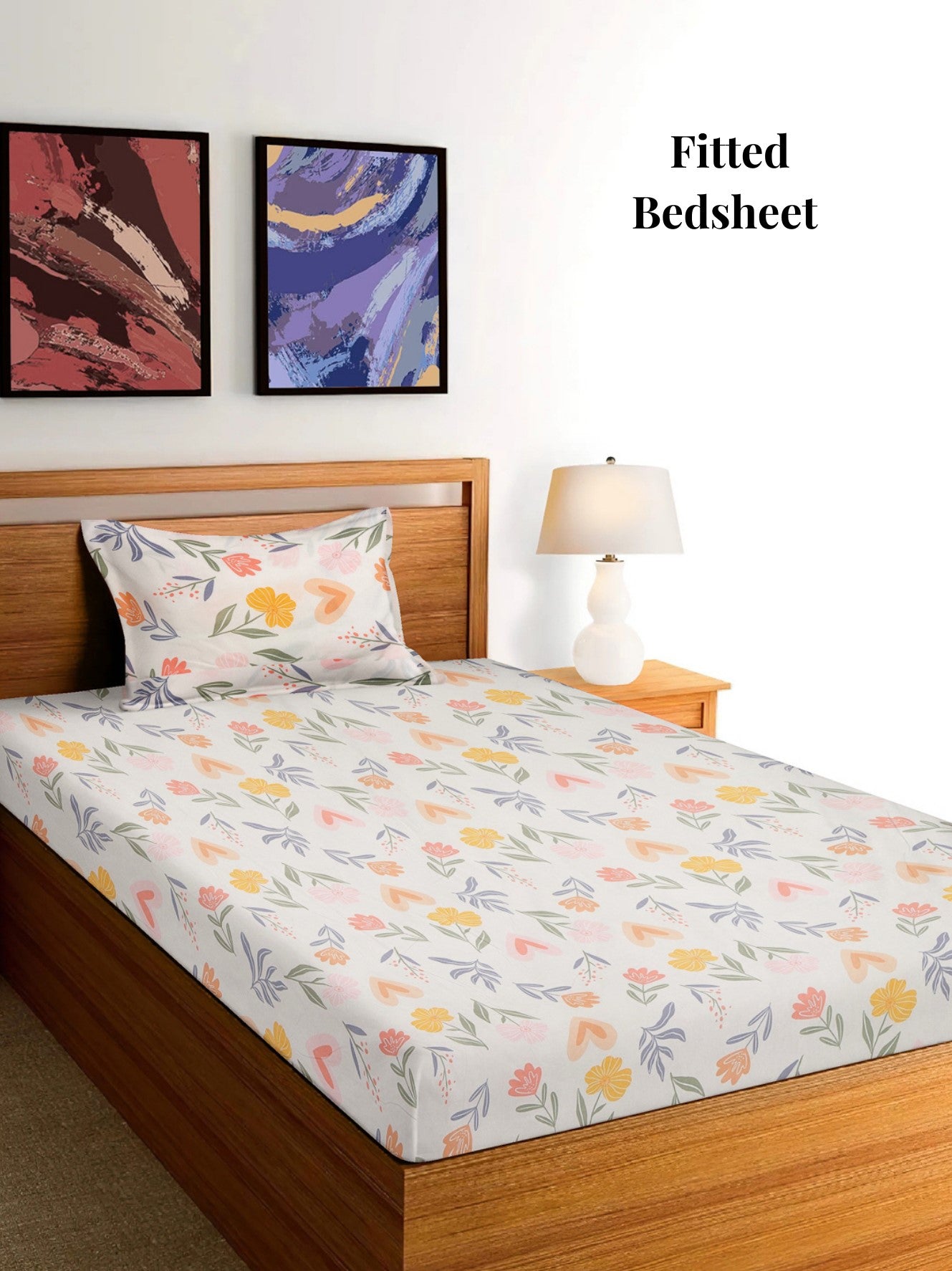Arrabi Cream Floral TC Cotton Blend Single Size Fitted Bedsheet with 1 Pillow Cover (215 x 150 cm)