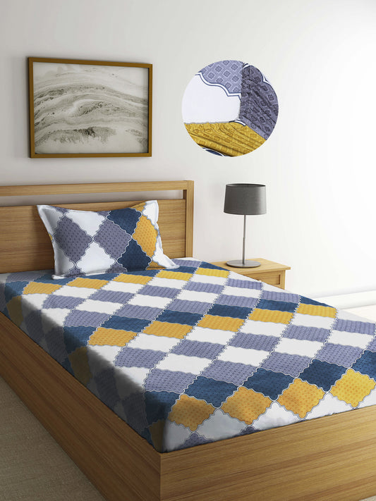 Arrabi Multi Graphic TC Cotton Blend Single Size Fitted Bedsheet with 1 Pillow Cover (220 X 150 cm)