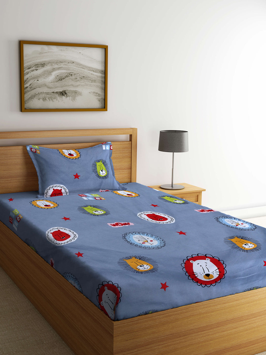 Arrabi Grey Cartoon TC Cotton Blend Single Size Bedsheet with 1 Pillow Cover (215 x 150 cm)