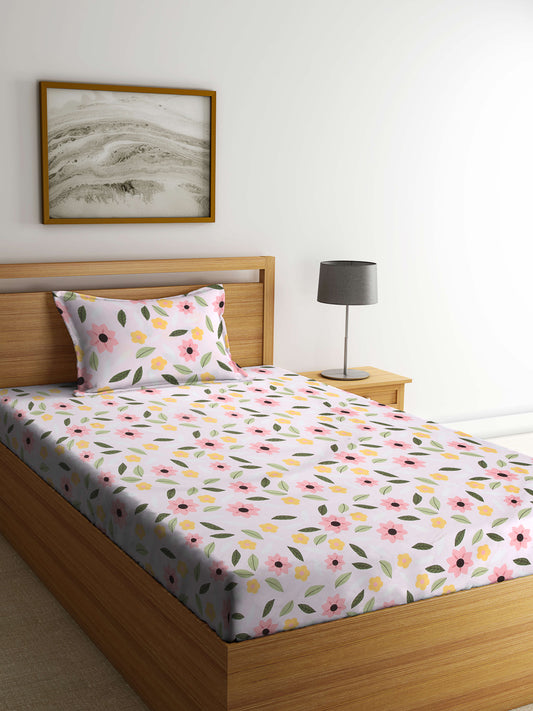 Arrabi Pink Floral TC Cotton Blend Single Size Bedsheet with 1 Pillow Cover (215 x 150 cm)