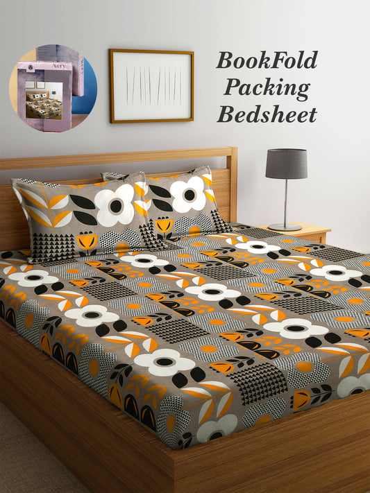 Arrabi Grey Floral TC Cotton Blend King Size Bookfold Bedsheet with 2 Pillow Covers (250 X 220 cm)