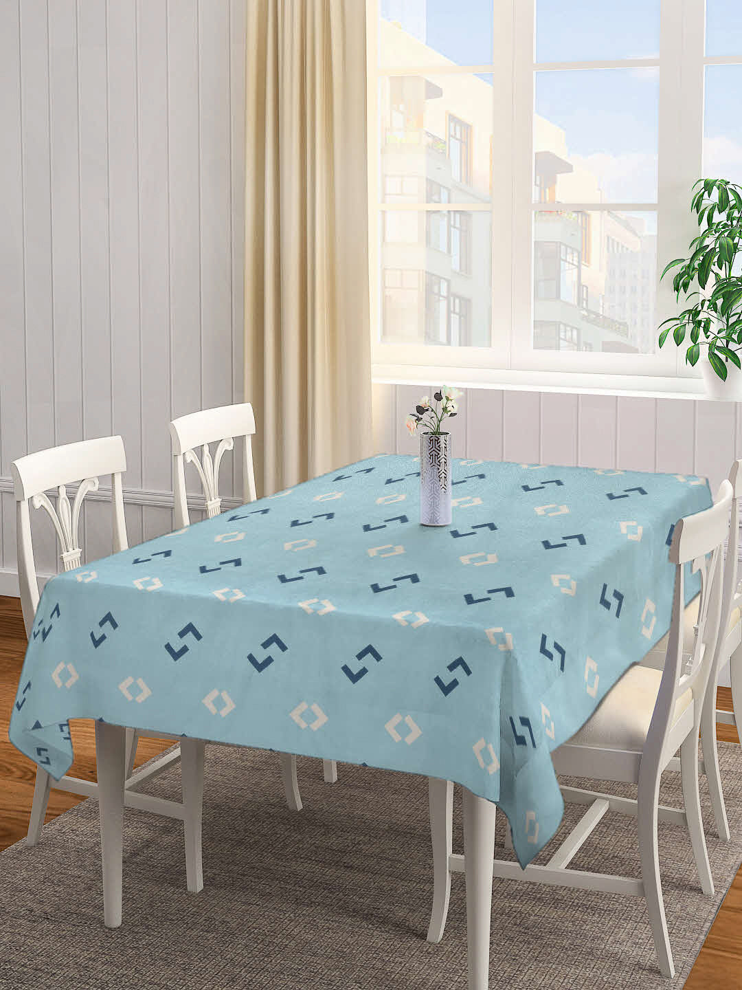 Arrabi Blue Goemetric Cotton Blend 8 SEATER Table Cover (215 x 150 cm)