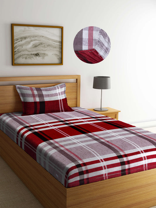 Arrabi Multi Checks TC Cotton Blend Single Size Fitted Bedsheet with 1 Pillow Cover (220 X 150 cm)