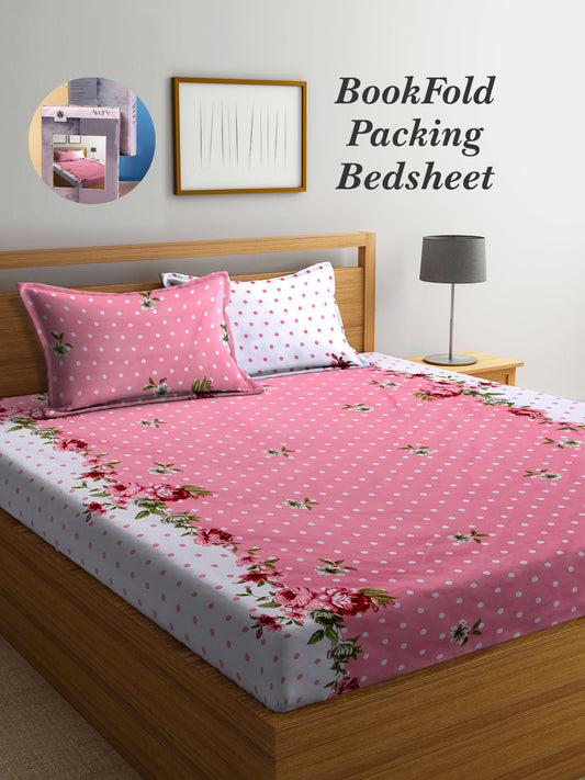 Arrabi Pink Floral TC Cotton Blend King Size Bookfold Bedsheet with 2 Pillow Covers (250 X 215 cm)