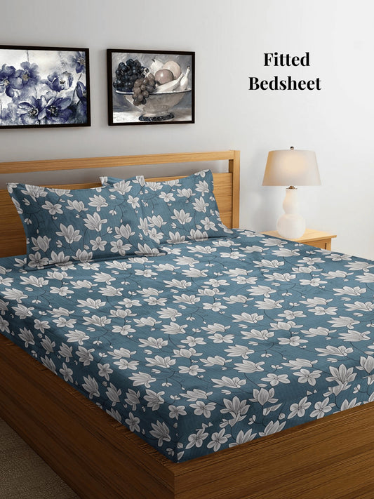 Arrabi Blue Floral TC Cotton Blend Super King Size Fitted Bedsheet with 2 Pillow Covers (270 X 260 Cm)