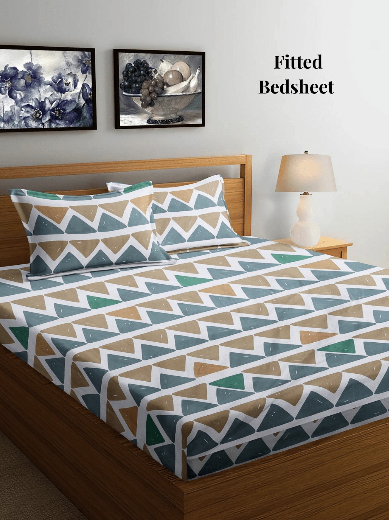 Arrabi Multi Geometric TC Cotton Blend Super King Size Fitted Bedsheet with 2 Pillow Covers (270 X 260 Cm)