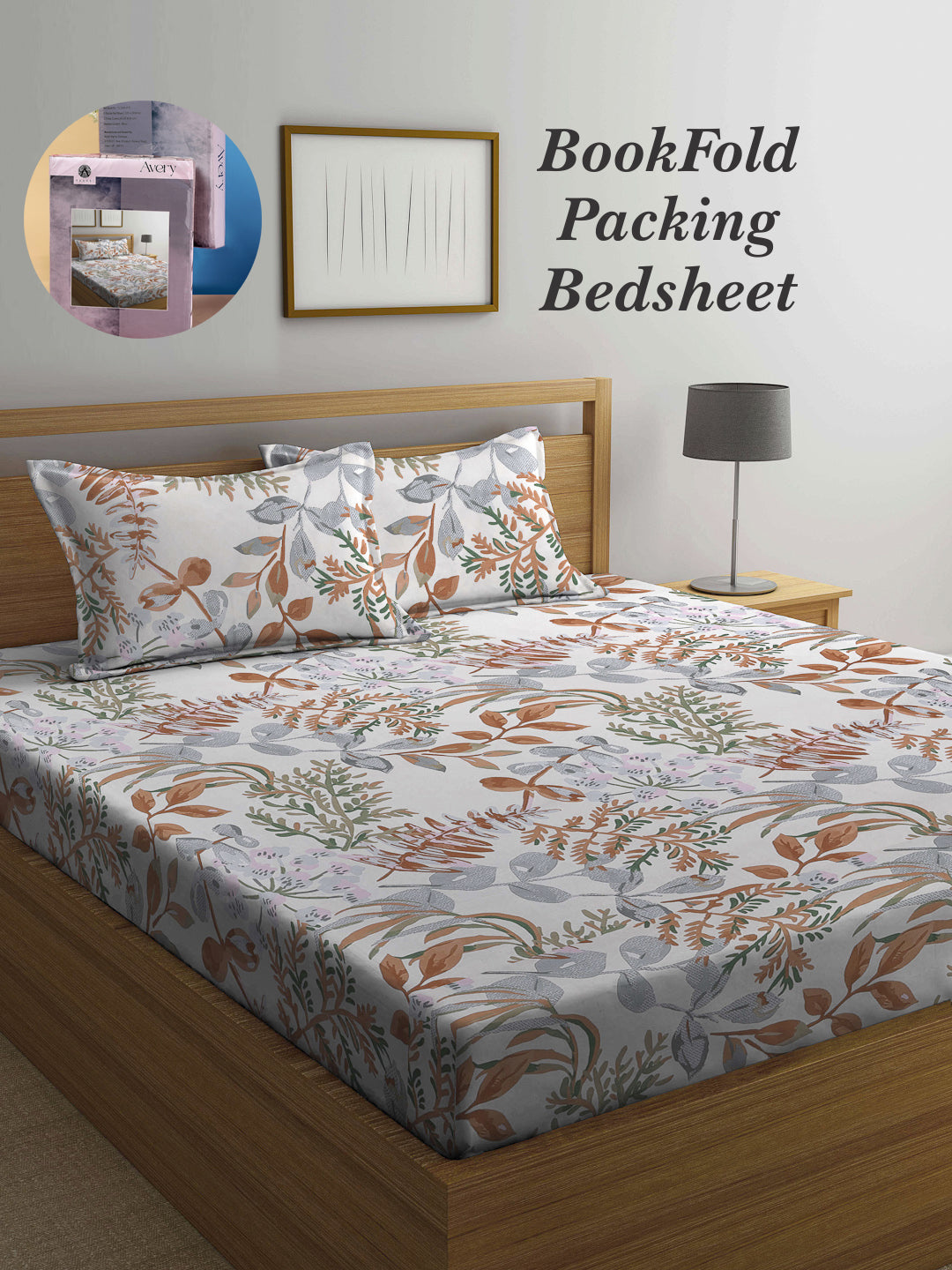 Arrabi Multi Leaf TC Cotton Blend King Size Bookfold Bedsheet with 2 Pillow Covers (250 X 220 cm)