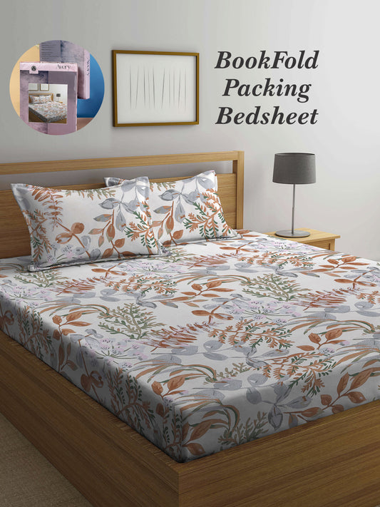 Arrabi Multi Leaf TC Cotton Blend King Size Bookfold Bedsheet with 2 Pillow Covers (250 X 220 cm)