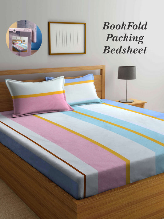 Arrabi Multi Stripes TC Cotton Blend King Size Bookfold Bedsheet with 2 Pillow Covers (250 X 215 cm)