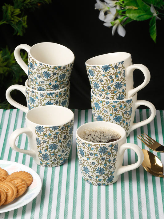 Arrabi Multi Handcrafted Printed Stoneware Matte Floral Tea set (Set of 6)