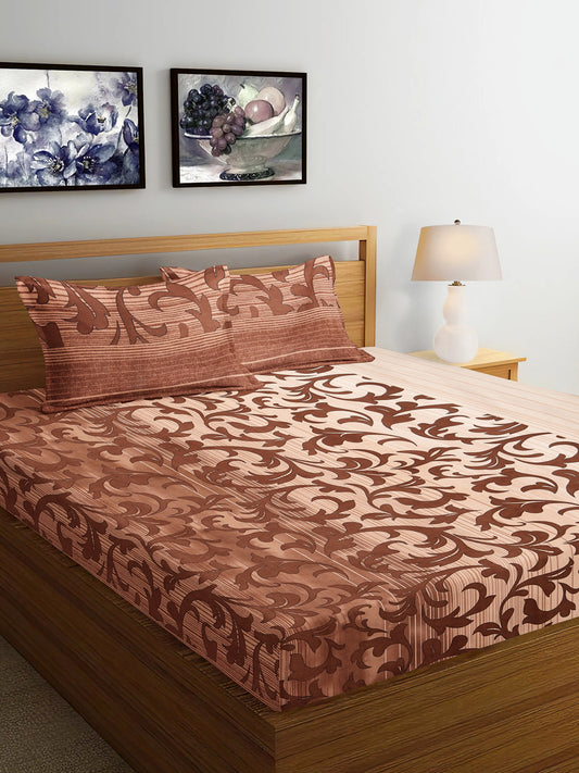 Arrabi Brown Leaf TC Cotton Blend King Size Bedsheet with 2 Pillow Covers (250 x 215 cm)