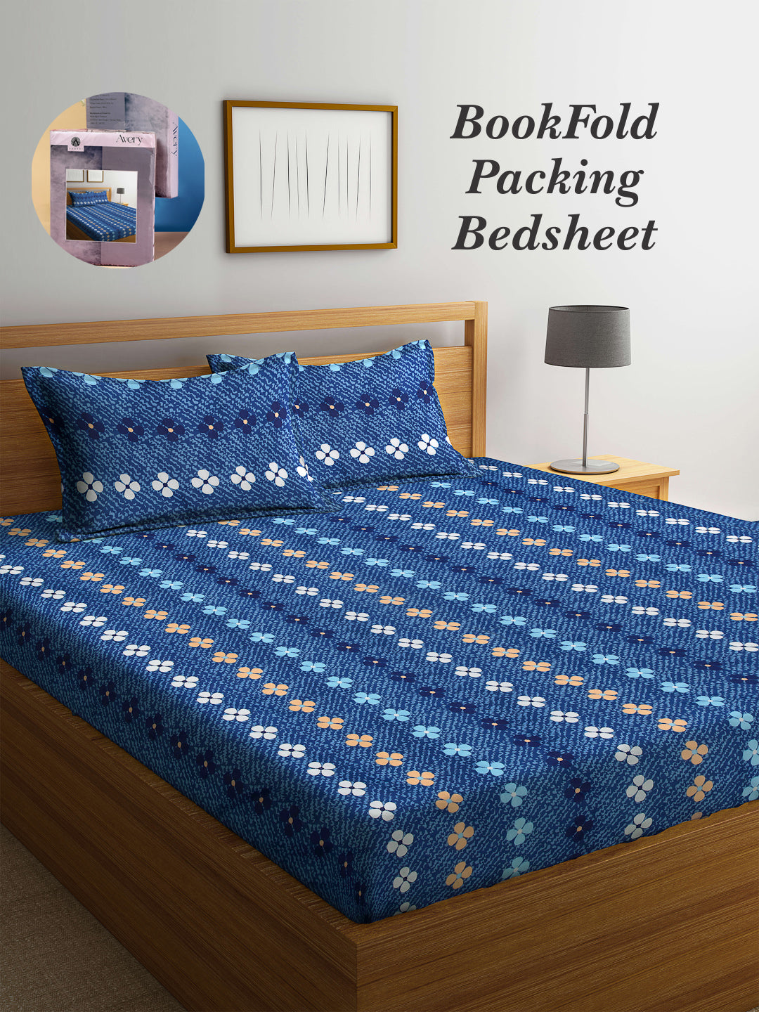 Arrabi Blue Floral TC Cotton Blend King Size Bookfold Bedsheet with 2 Pillow Covers (250 X 220 cm)