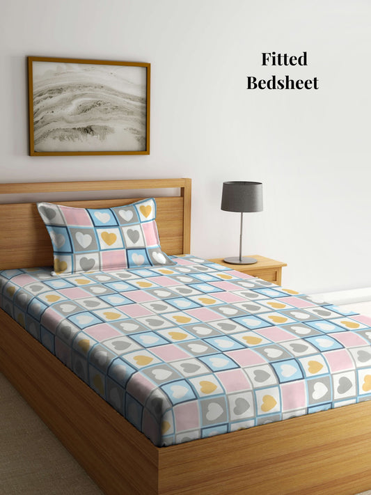 Arrabi Multi Geometric TC Cotton Blend Single Size Fitted Bedsheet with 1 Pillow Cover (215 x 150 cm)