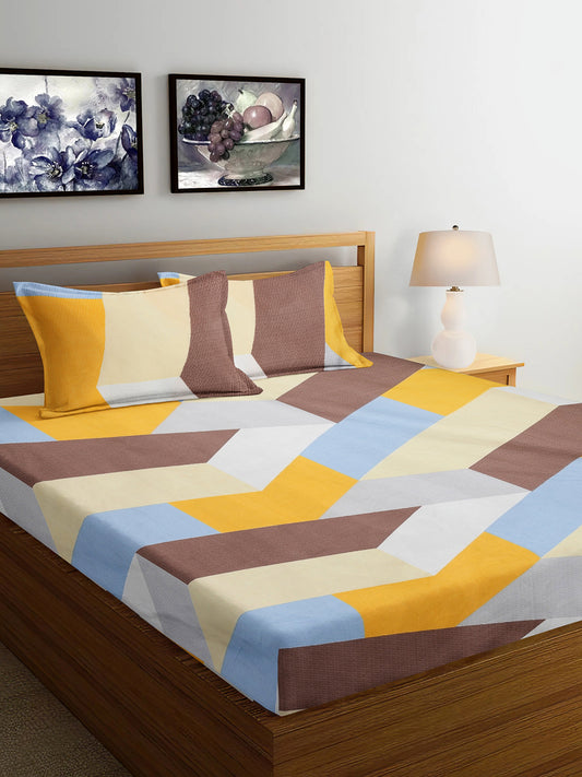Arrabi Multi Geometric TC Cotton Blend King Size Bedsheet with 2 Pillow Covers (250 x 215 cm)