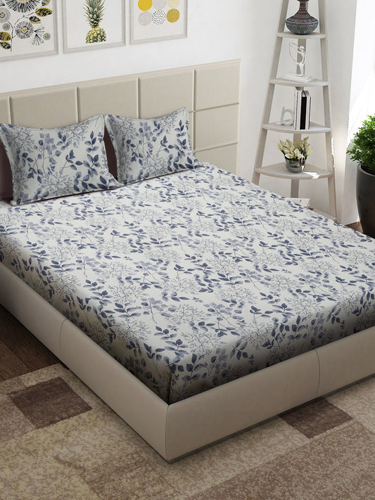 Arrabi Cream Floral TC Cotton Blend King Size Bedsheet with 2 Pillow Covers (250 x 215 cm)