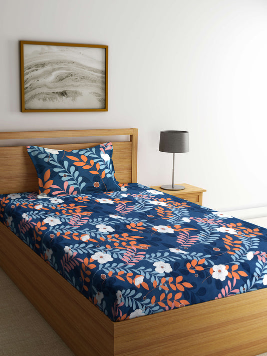 Arrabi Blue Floral TC Cotton Blend Single Size Bedsheet with 1 Pillow Cover (215 x 150 cm)