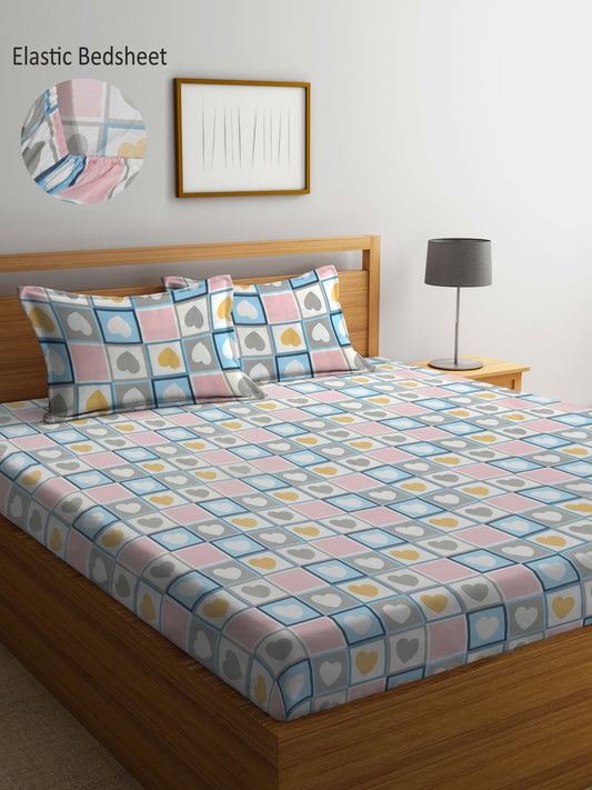 Arrabi Multi Geometric TC Cotton Blend Super King Size Fitted Bedsheet with 2 Pillow Covers (270 X 260 Cm )
