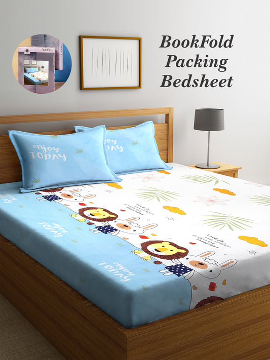 Arrabi Multi Cartoon TC Cotton Blend King Size Bookfold Bedsheet with 2 Pillow Covers (250 X 220 cm)