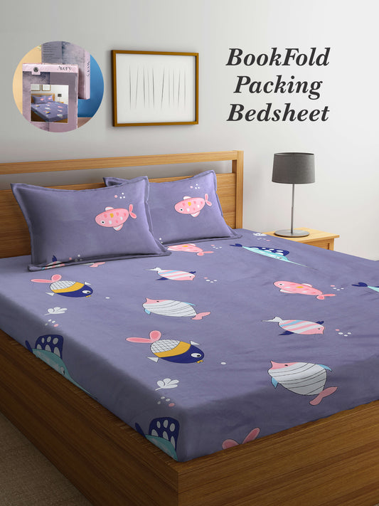Arrabi Grey Cartoon TC Cotton Blend King Size Bookfold Bedsheet with 2 Pillow Covers (250 X 215 cm)