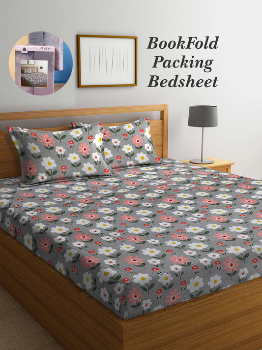 Arrabi Grey Floral TC Cotton Blend King Size Bookfold Bedsheet with 2 Pillow Covers (250 X 215 cm)