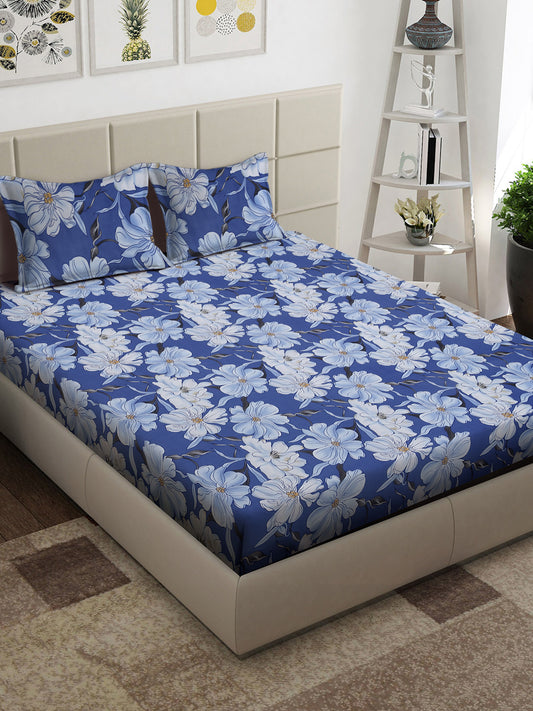 Arrabi Blue Floral TC Cotton Blend Super King Size Bedsheet with 2 Pillow Covers (270 x 260 cm)
