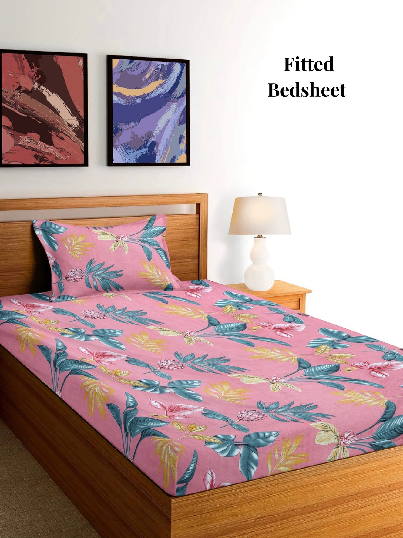 Arrabi Pink Floral TC Cotton Blend Single Size Fitted Bedsheet with 1 Pillow Cover (215 x 150 cm)