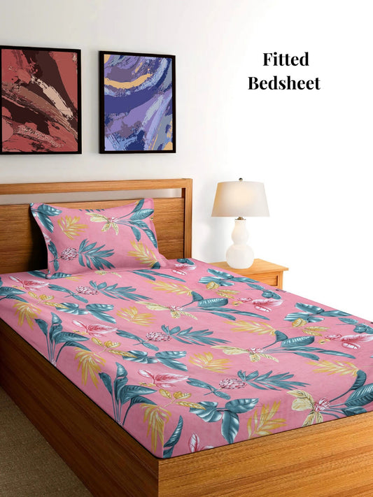 Arrabi Pink Floral TC Cotton Blend Single Size Fitted Bedsheet with 1 Pillow Cover (215 x 150 cm)