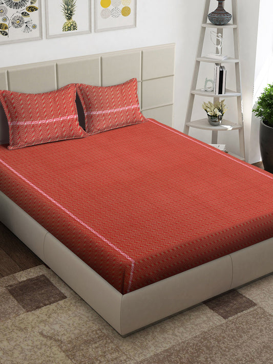 Arrabi Red Geometric 100% Handwoven Cotton King Size Bedsheet with 2 Pillow Covers (260 x 230 cm)