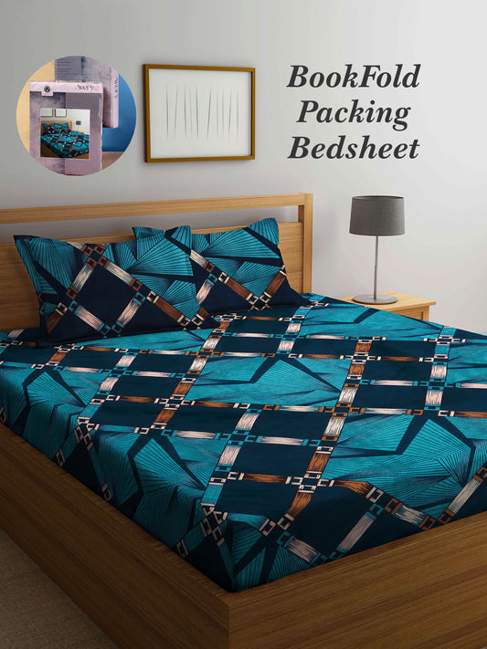 Arrabi Blue Geometric TC Cotton Blend King Size Bookfold Bedsheet with 2 Pillow Covers (250 X 220 cm)