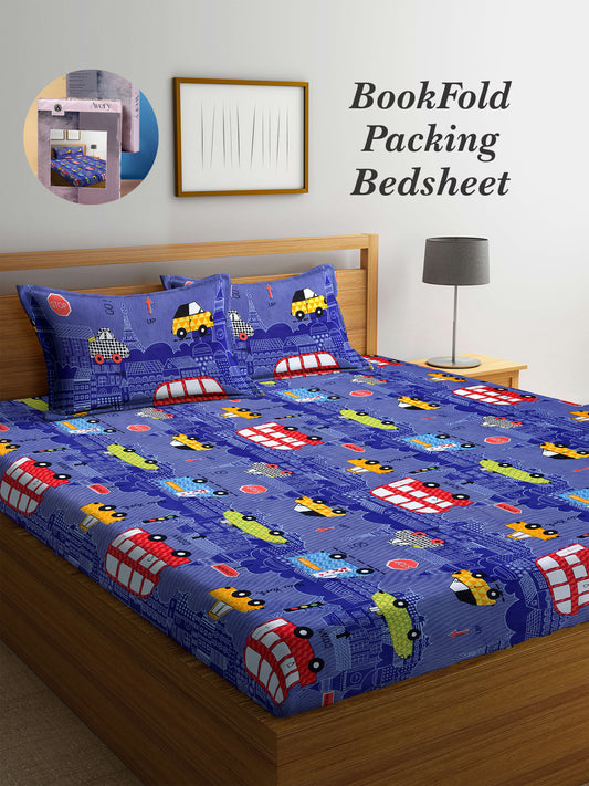 Arrabi Blue Cartoon TC Cotton Blend King Size Bookfold Bedsheet with 2 Pillow Covers (250 X 220 cm)