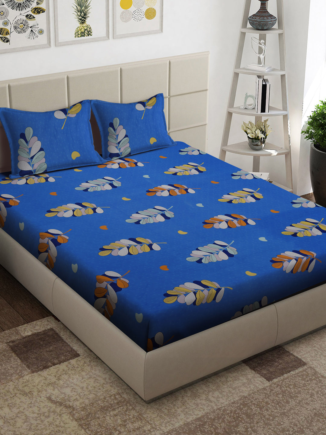 Arrabi Blue Leaf TC Cotton Blend King Size Bedsheet with 2 Pillow Covers (250 x 215 cm)