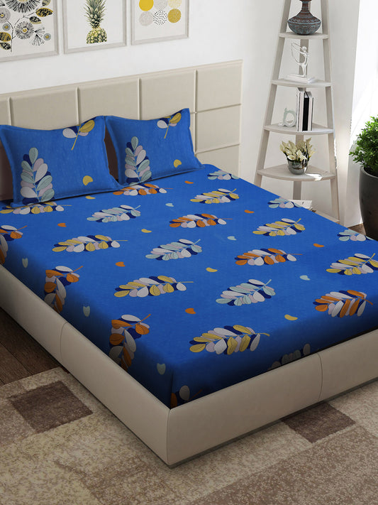 Arrabi Blue Leaf TC Cotton Blend King Size Bedsheet with 2 Pillow Covers (250 x 215 cm)