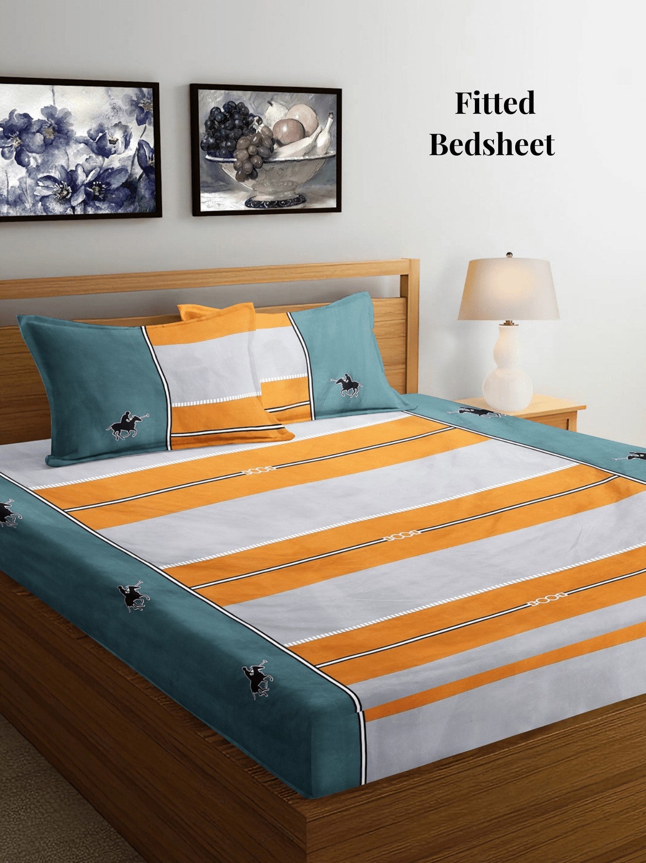 Arrabi Multi Stripes TC Cotton Blend Super King Size Fitted Bedsheet with 2 Pillow Covers (270 X 260 Cm)