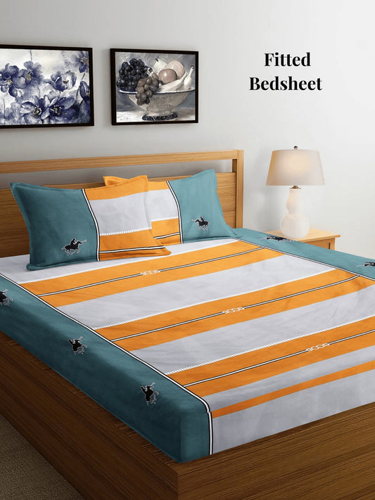 Arrabi Multi Stripes TC Cotton Blend Super King Size Fitted Bedsheet with 2 Pillow Covers (270 X 260 Cm)
