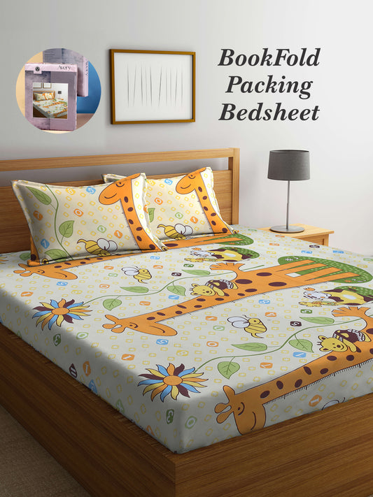 Arrabi Multi Cartoon TC Cotton Blend King Size Bookfold Bedsheet with 2 Pillow Covers (250 X 215 cm)