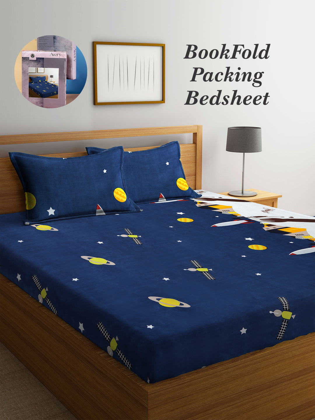 Arrabi Blue Cartoon TC Cotton Blend King Size Bookfold Bedsheet with 2 Pillow Covers (250 X 220 cm)